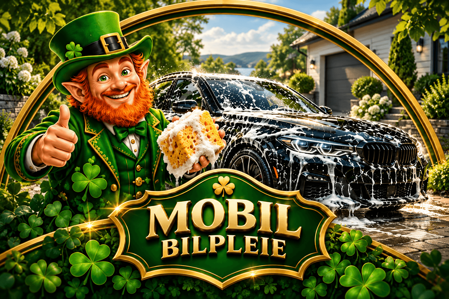 Mobil Bilpleies leprechaun med en skummende svamp ved en innsåpet bil